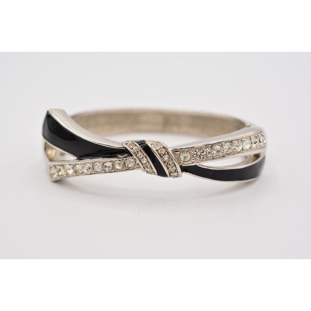 Givenchy Vintage Bow Bangle Bracelet Rhinestone Crystal Black Enamel 1980s BinO